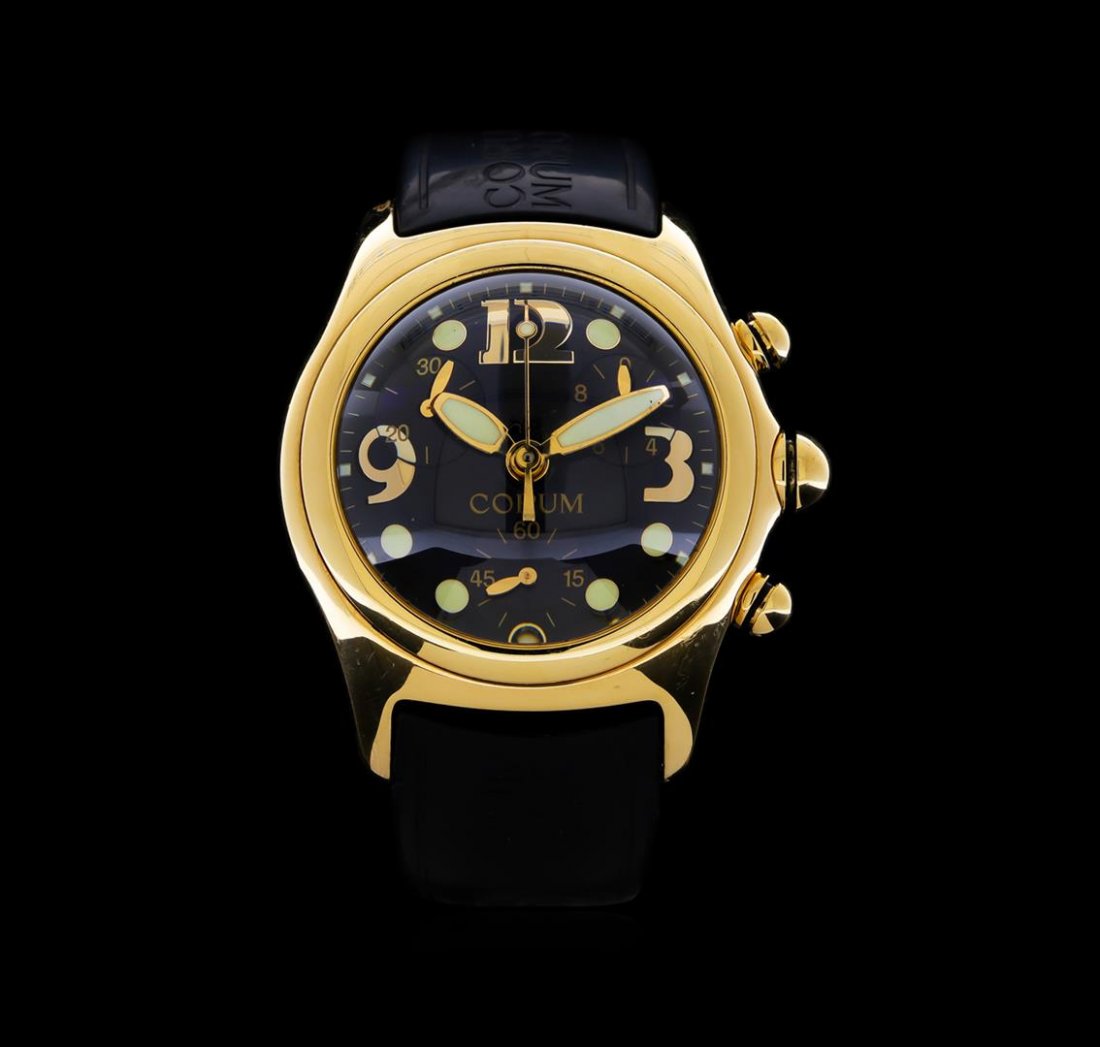 Corum 18KT Yellow gold Bubble Chronograph Men's Watch: One Corum Bubble men's watch featuring: Case: 18KT yellow gold. Bezel: 18KT yellow gold. Crystal: Sapphire. Crown: Screwdown. Dial: Black color; Arabic numerals. Functions: Chronograph; date; small se
