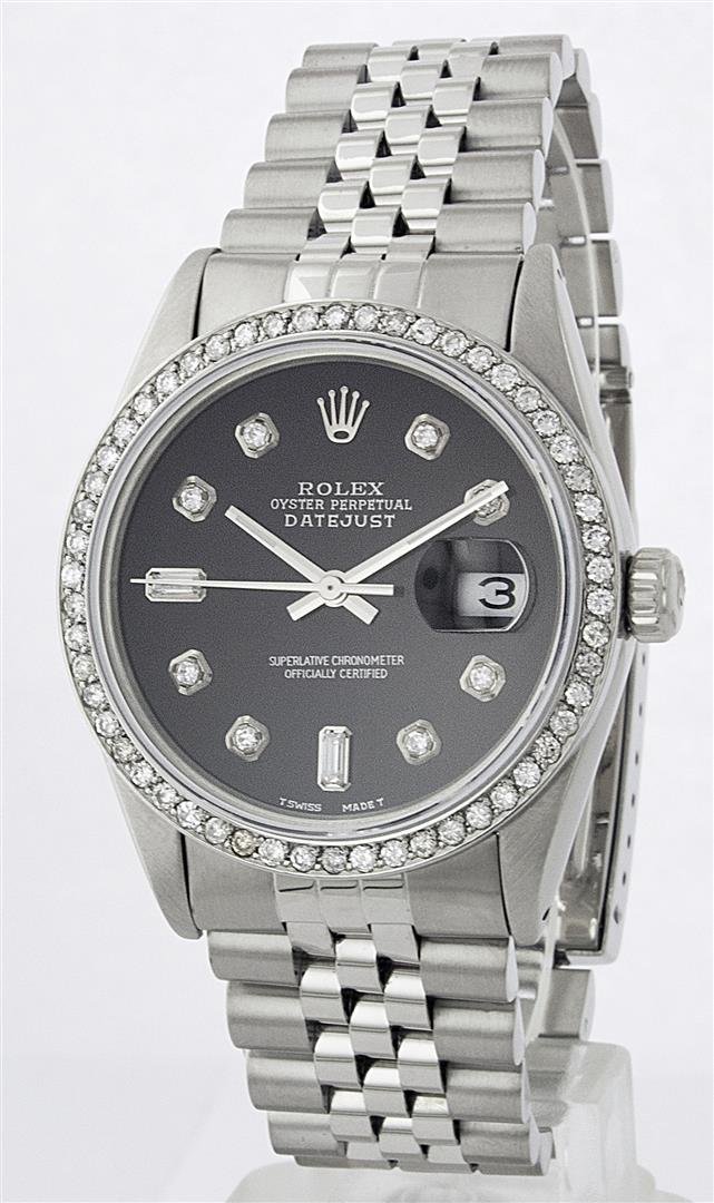 Rolex Stainless Steel Black Diamond DateJust Men's: One Mens Rolex Datejust Polished Bright with Satin Finish, Serviced & Electronically Tested, Stainless Steel Case:36mm, Stainless Steel Crown, Custom Bezel: Stainless Steel Beadset Diamond Bezel, Diam