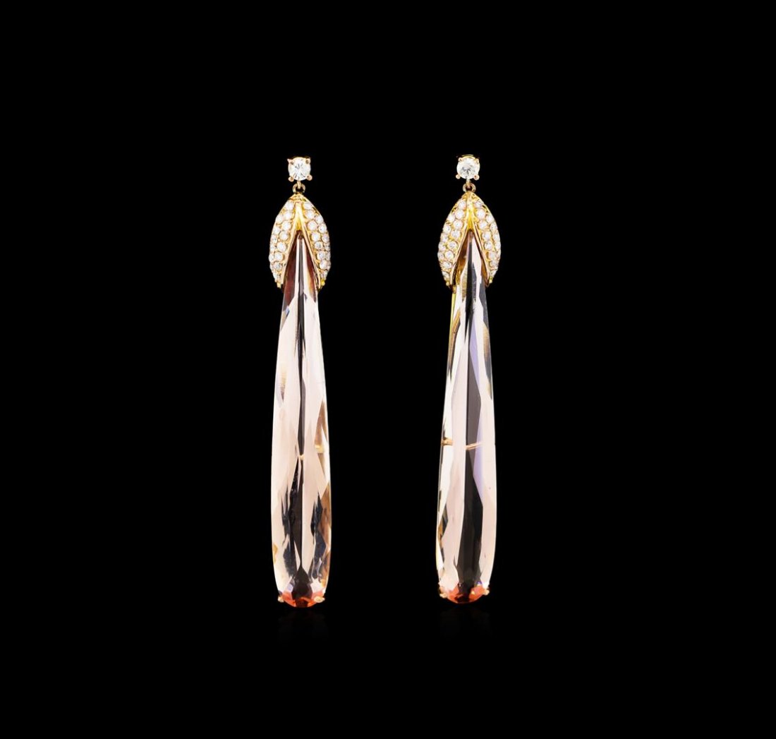 21.35 ctw Morganite and Diamond Dangle Earrings - 14KT: One pair electronically tested 14KT yellow and rose gold lady's combination cast & assembled dangle earrings with friction posts with a bright polish finish. The featured pair of lady's earring has a 