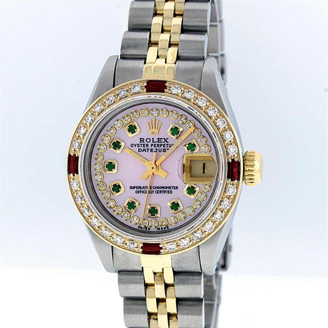 Rolex Two-Tone Pink MOP Emerald and Ruby Diamond: One Ladies Two Tone Rolex Datejust Polished, Serviced & Electronically Tested, 14K Yellow Gold & Stainless Steel Case:26mm, 14K Yellow Gold Crown, Custom Bezel: 18K Yellow Gold Ruby Beadset Diamond Be