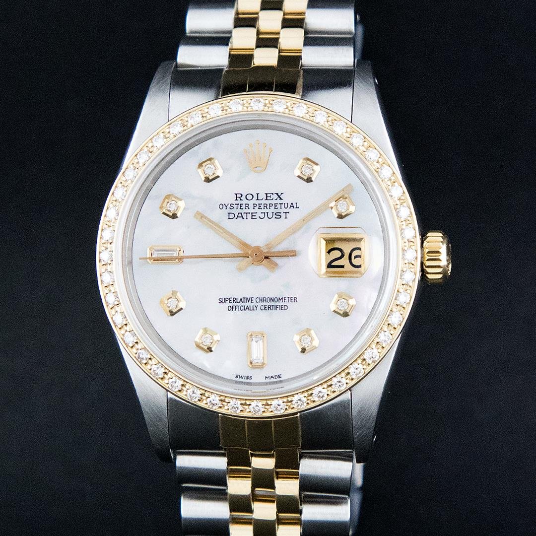 Rolex Two-Tone MOP Diamond DateJust Men's Watch: One Gents Two Tone Rolex Datejust Polished, Serviced & Electronically Tested, 14K Yellow Gold & Stainless Steel Case:36mm, 14K Yellow Gold Crown, Custom Bezel: 18K Yellow Gold Bead Set Diamond Bezel,