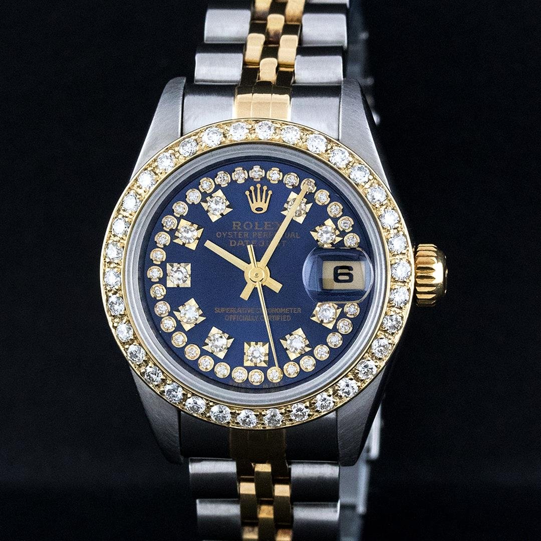 Rolex Two-Tone Blue String Diamond VVS Beadset DateJust: One Ladies Two Tone Rolex Datejust Polished, Serviced & Electronically Tested, 18K Yellow Gold & Stainless Steel Case No Hole Case:26mm, 18K Yellow Gold Crown, Custom Bezel: 18K Yellow Beadset Diamond