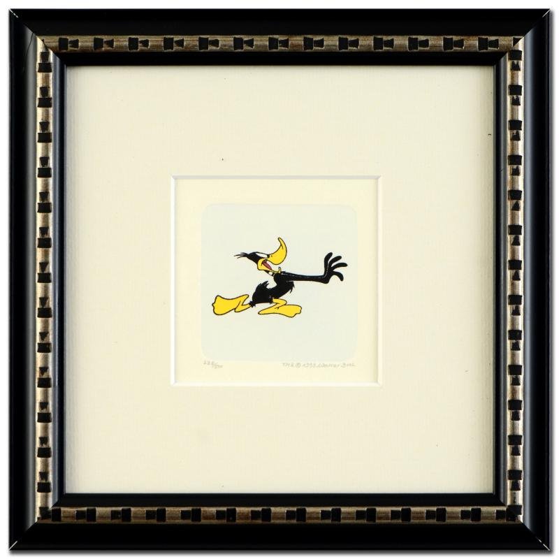 Daffy Duck (Running) by Warner Brothers: "Daffy Duck (Running)" is a limited edition etching on paper with hand-tinted coloring from Warner Bros. (dated 1999) and numbered! This piece comes framed. Measures approx. 9" x 9" (with frame), 2.5"