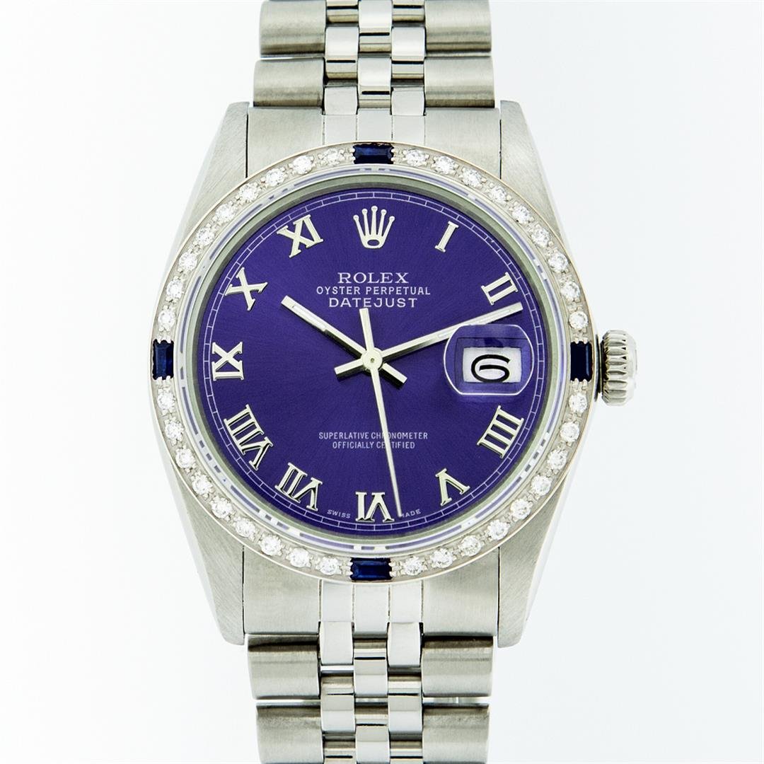 Rolex Stainless Steel Purple Roman Diamond and Sapphire: One Mens Rolex Datejust Polished Bright with Satin Finish, Serviced & Electronically Tested, Stainless Steel Case:36mm, Stainless Steel Crown, Custom Bezel: 18K White Gold Sapphire Beadset Diamond Bez