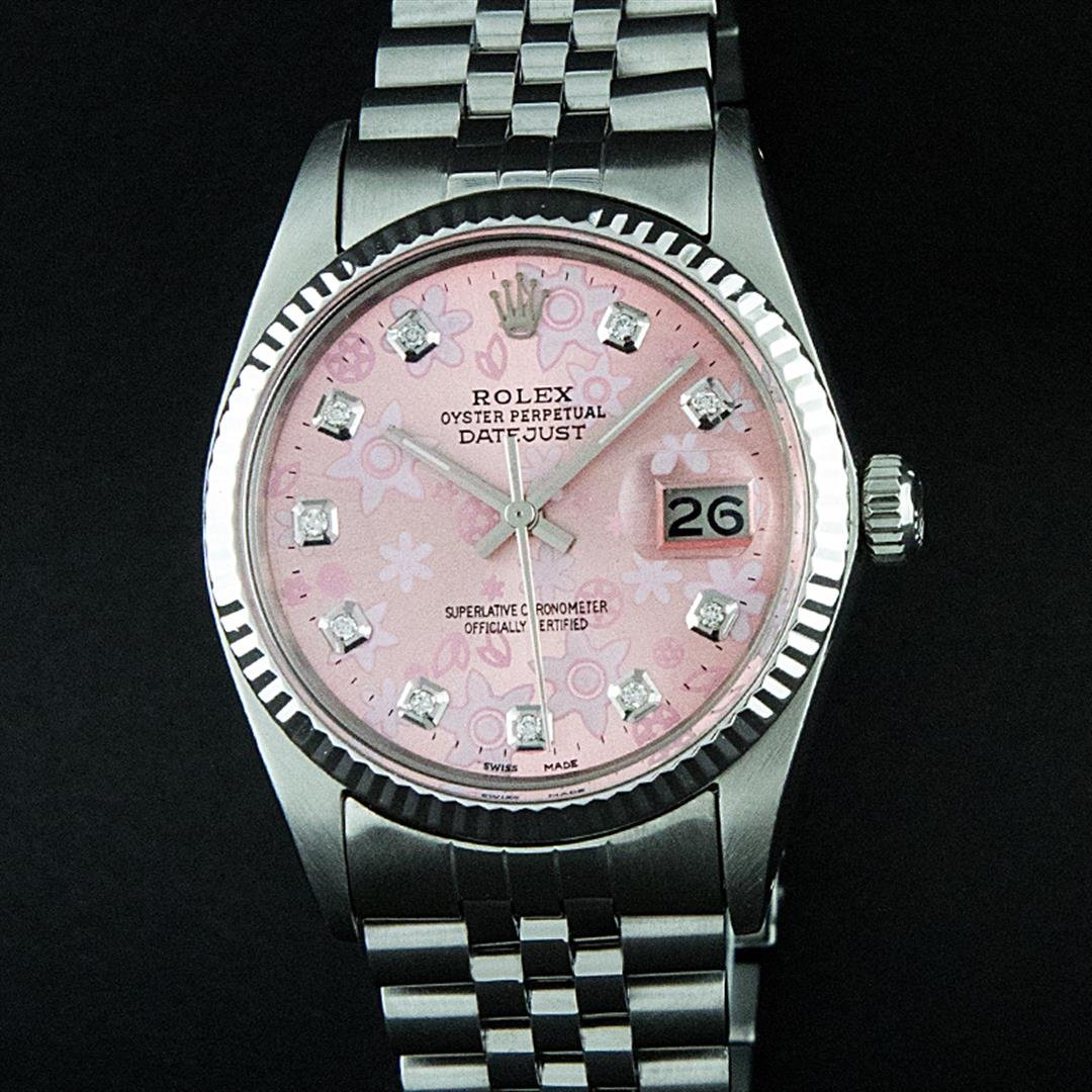 Rolex Stainless Steel Pink Floral Diamond DateJust: One Gents Rolex Datejust Polished, Serviced & Electronically Tested, Stainless Steel Case:36mm, Stainless Steel Crown, Bezel: 18K White Gold Fluted Bezel. Custom Crystal: Acrylic Cyclops Lens. Movemen