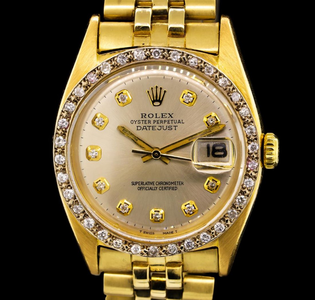 Rolex 18KT Yellow Gold Diamond DateJust Men's Watch: One gents, hand crafted & machine milled Rolex DateJust Model wristwatch electronically tested. 18KT yellow gold, Case: 35mm oyster, 18KT yellow gold Crown: twin lock with logo, Custom Bezel: diamond 