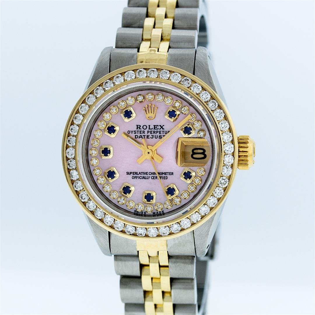 Rolex Two-Tone Pink MOP Sapphire Channel Set Diamond: One Ladies Two Tone Rolex Datejust Polished, Serviced & Electronically Tested, 14K Yellow Gold & Stainless Steel Case:26mm, 14K Yellow Gold Crown, Custom Bezel: 18K Yellow Gold Channel Set Diamond Bez