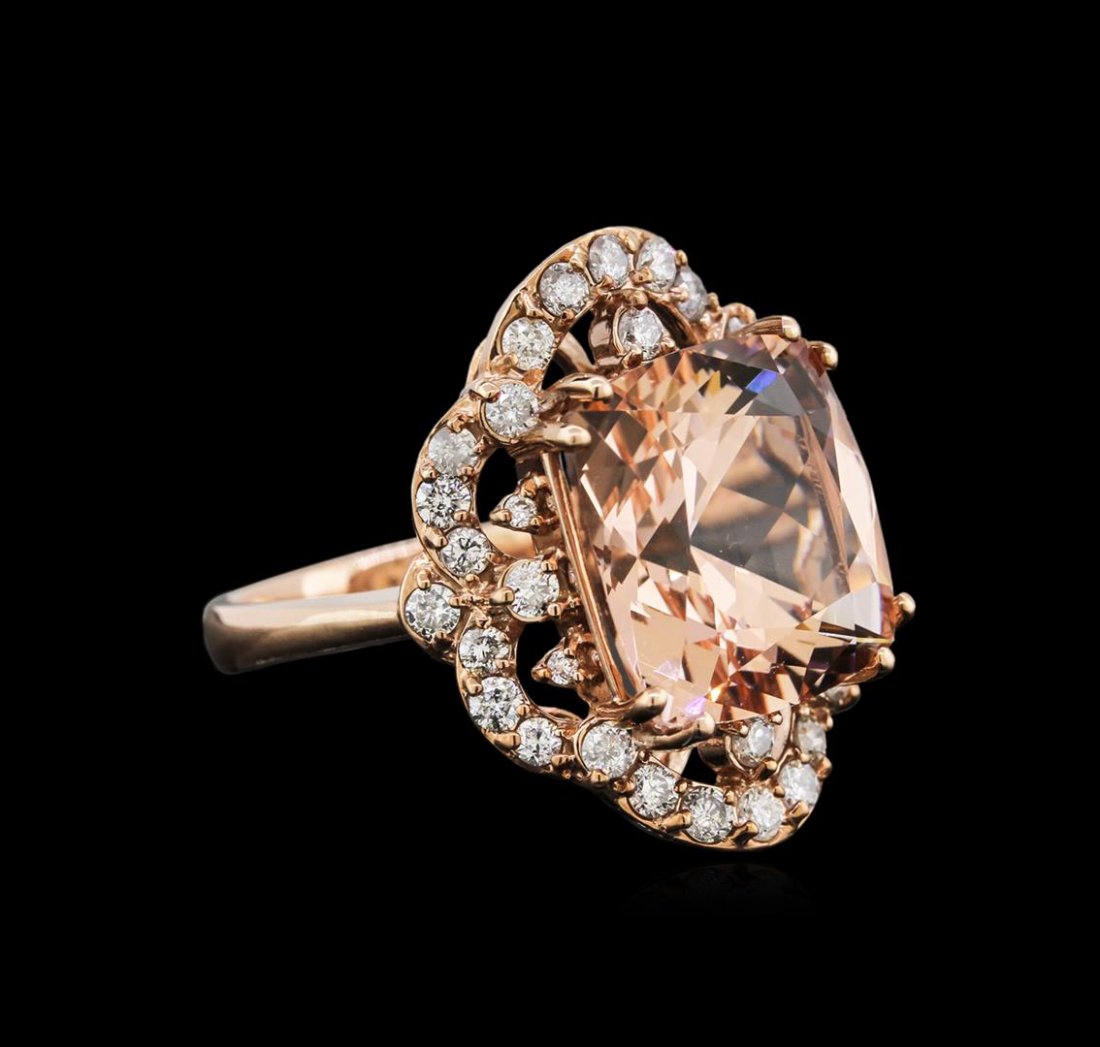 10.80 ctw Morganite and Diamond Ring - 14KT Rose Gold: One electronically tested 14KT rose gold lady's cast fashion ring with a scalloped halo with a bright polish finish. The featured lady's ring has a shank measuring 3.15 millimeters wide. Identified wi