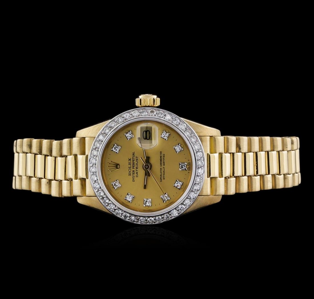 Rolex 18KT Yellow Gold Diamond DateJust Ladies Watch: One ladies, hand crafted & machine milled Rolex Lady President the DateJust model wristwatch electronically tested 18KT yellow gold, Circa: 1979, Swiss Hallmarked Case: 26mm oyster, Crown: twinlock wi