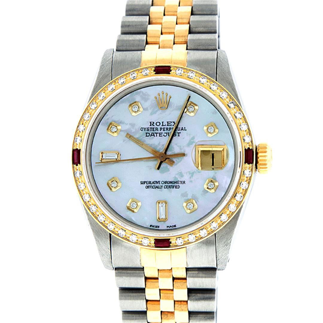 Rolex Two-Tone Mother Of Pearl Diamond and Ruby: One Mens Two Tone Rolex Datejust Polished, Serviced & Electronically Tested, 14K Yellow Gold & Stainless Steel Case:36mm, 14K Yellow Gold Crown, Custom Bezel: 18K Yellow Gold Ruby Beadset Diamond Beze