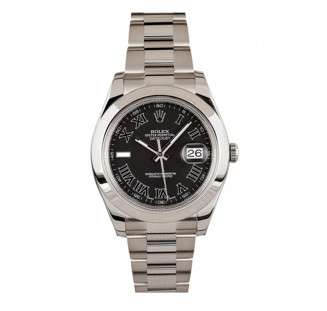 Rolex Stainless Steel DateJust Men's Watch: One gents stainless steel Rolex DateJust wristwatch. Model Name/Number: Datejust 116300. The watch features automatic movement with date, quickset, scratch-resistant sapphire crystal, waterproof screw