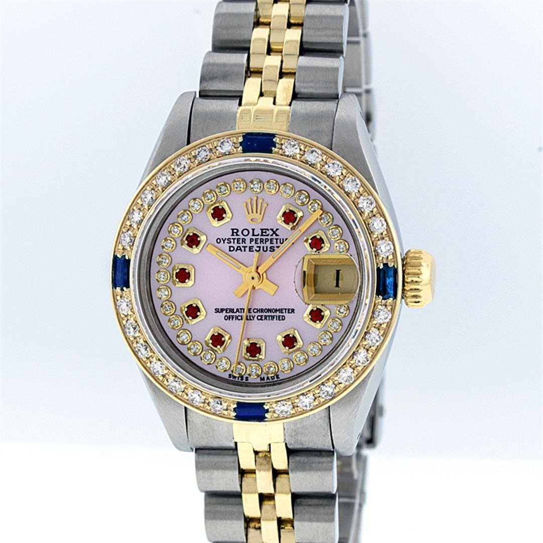 Rolex Two-Tone Pink MOP Ruby and Sapphire Diamond: One Ladies Two Tone Rolex Datejust Polished, Serviced & Electronically Tested, 14K Yellow Gold & Stainless Steel Case:26mm, 14K Yellow Gold Crown, Custom Bezel: 18K Yellow Gold Sapphire Beadset Diamon