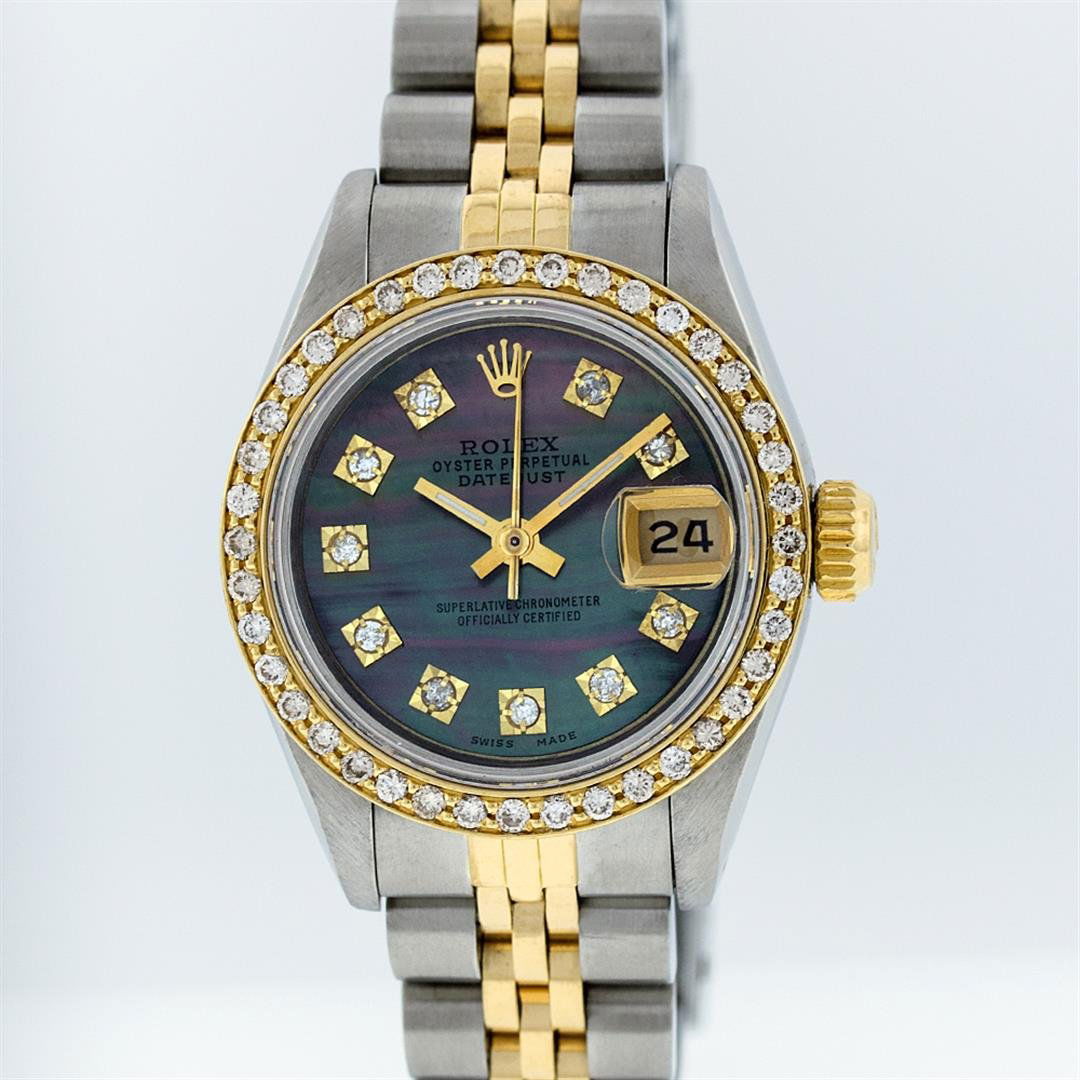 Rolex Two-Tone Tahitian MOP VVS Diamond Dial DateJust: One Ladies Two Tone Rolex Datejust Polished, Serviced & Electronically Tested, 14K Yellow Gold & Stainless Steel Case:26mm, 14K Yellow Gold Crown, Custom Bezel: 18K Yellow Gold Beadset Diamond Bezel,