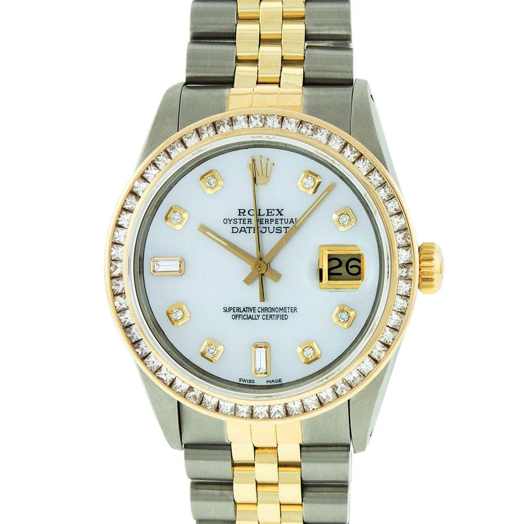Rolex Two-Tone 2.75 ctw Diamond DateJust Men's Watch: One Mens Two Tone Rolex Datejust Polished Bright with Satin Finish, Serviced & Electronically Tested, 14K Yellow Gold And Stainless Steel Case:36mm, 14K Yellow Gold Crown, Custom Bezel: 14K Yellow Gol