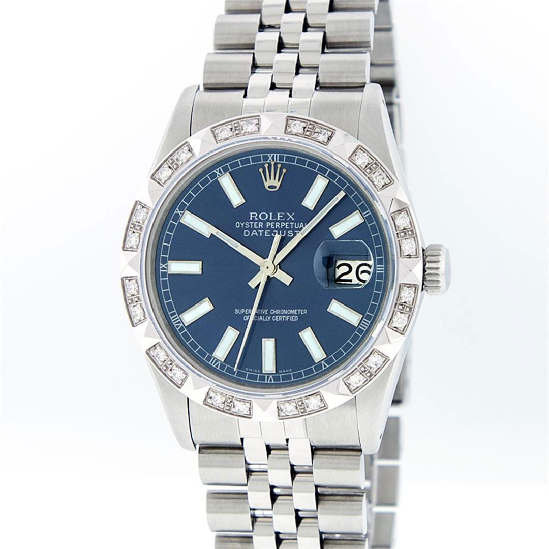 Rolex Stainless Steel Diamond DateJust Men's Watch: One Mens Rolex Datejust Polished Bright with Satin Finish, Serviced & Electronically Tested, Stainless Steel Case:36mm, Stainless Steel Crown, Custom Bezel: 18K White Gold Pyramid Diamond Bezel, Diamo