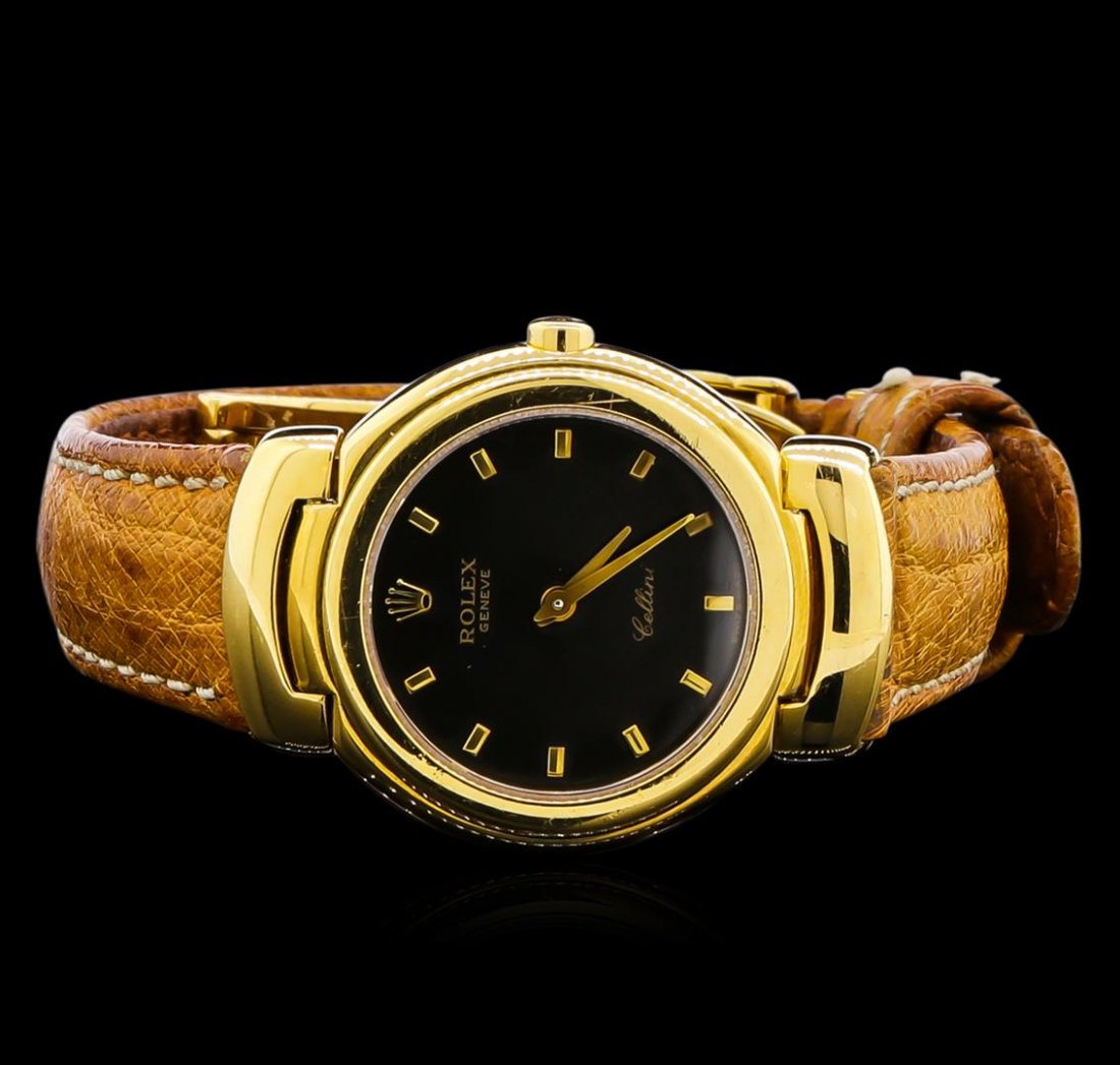 Rolex 18KT Yellow Gold Cellini Ladies Watch: One ladies, Rolex Cellini wristwatch, electronically tested 18KT yellow gold, Case: 24mm diameter, Case Back: Swiss and Geneva Hallmarked, Crown: scalloped with logo, Bezel: polished 18KT gold, Crysta