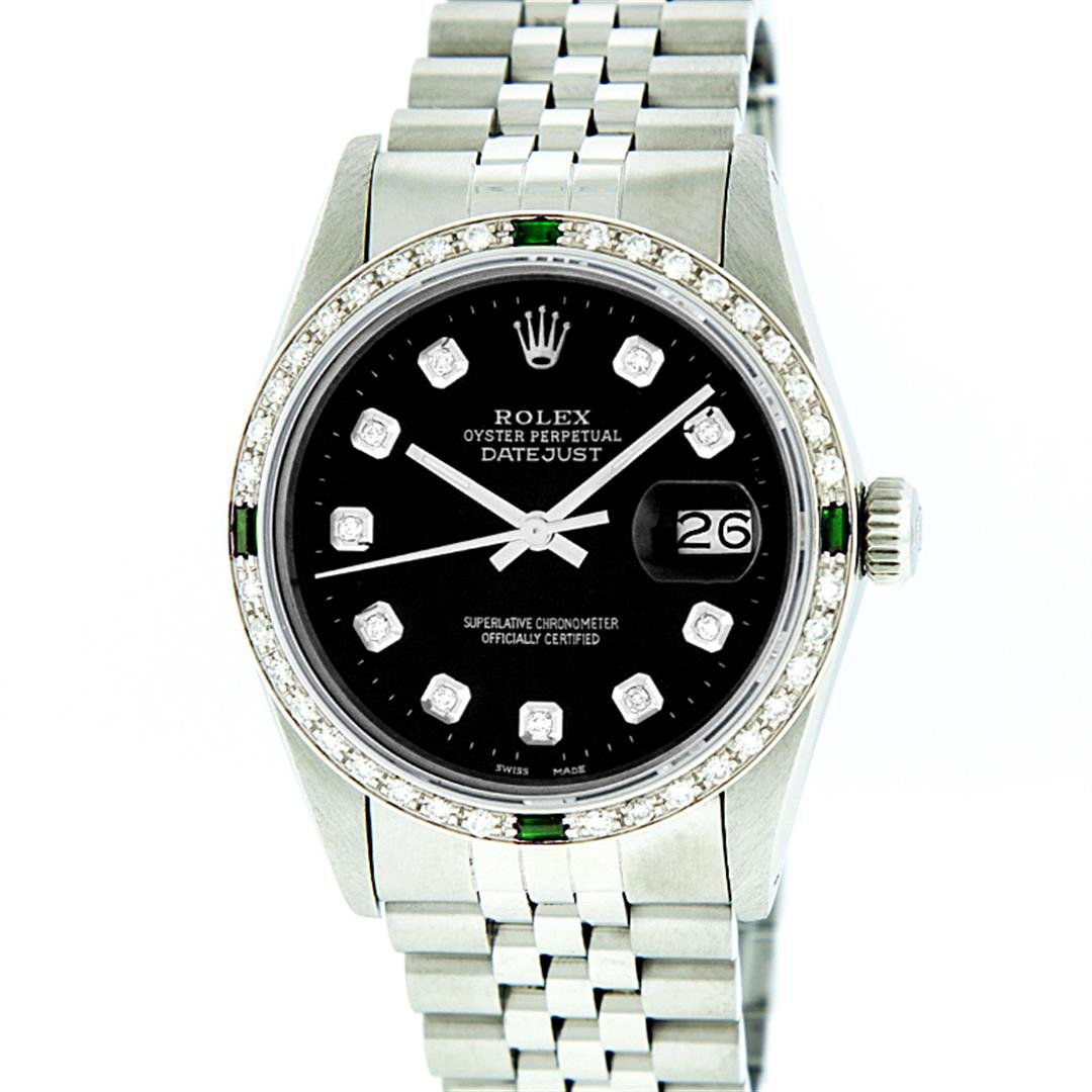 Rolex Stainless Steel Black Diamond and Emerald: One Mens Rolex Datejust Polished Bright with Satin Finish, Serviced & Electronically Tested, Stainless Steel Case:36mm, Stainless Steel Crown, Custom Bezel: 18K White Gold Emerald Beadset Diamond Beze