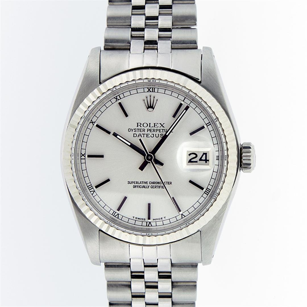 Rolex Stainless Steel DateJust Men's Watch: One Gents Rolex Datejust Polished, Serviced & Electronically Tested, Stainless Steel Case:36mm, Stainless Steel Crown, Bezel: 14K White Gold Fluted Bezel. Custom Crystal: Acrylic Cyclops Lens. Movemen