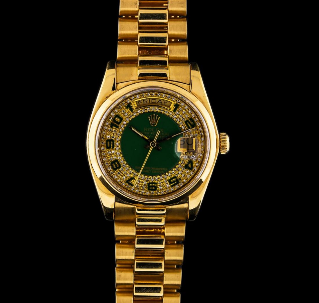 Rolex 18KT Gold President Diamond DayDate Men's Watch: One gents, hand crafted & machine milled Rolex DayDate Model wristwatch the President electronically tested 18KT yellow gold, Swiss Hallmarked Case: 36mm oyster, Crown: twin lock with logo, Bezel: hig