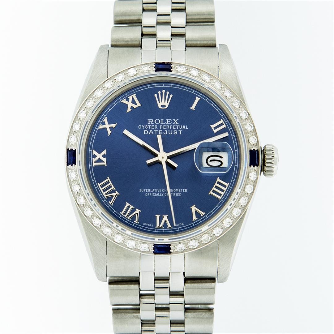 Rolex Stainless Steel Roman and Sapphire Diamond: One Gents Rolex Datejust Polished, Serviced & Electronically Tested, Stainless Steel Case:36mm, Stainless Steel Crown, Custom Bezel: 18K White Gold Sapphire Beadset Diamond Bezel, Diamond + Gem Count: