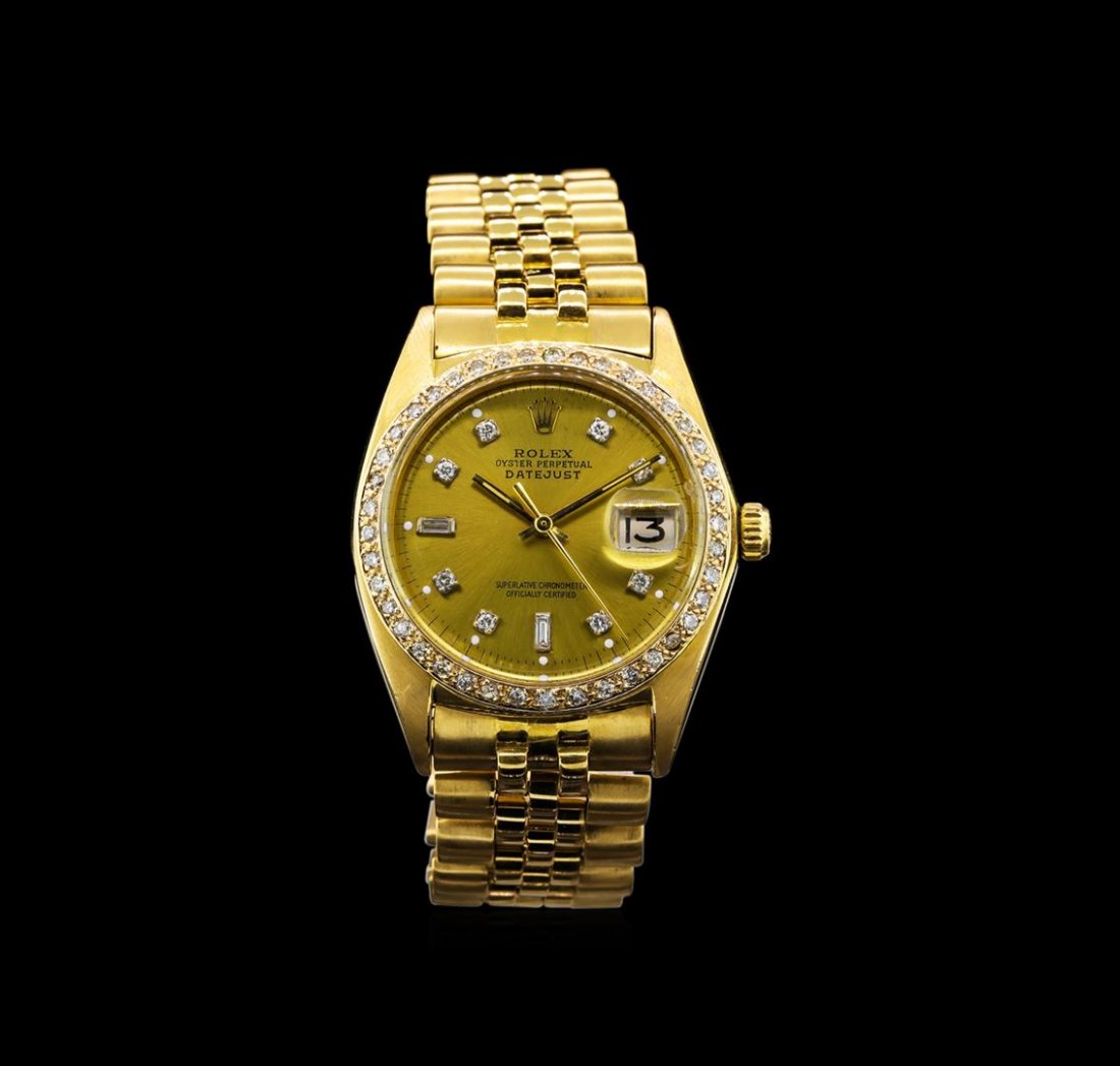 Rolex 18KT Gold 1.18 ctw Diamond DateJust Men's Watch: One gents, hand crafted & machine milled Rolex DateJust Model wristwatch electronically tested 18KT yellow gold. Case: 36mm oyster, 18KT yellow gold Rolex Signature Crown: twin lock with logo, Custom 