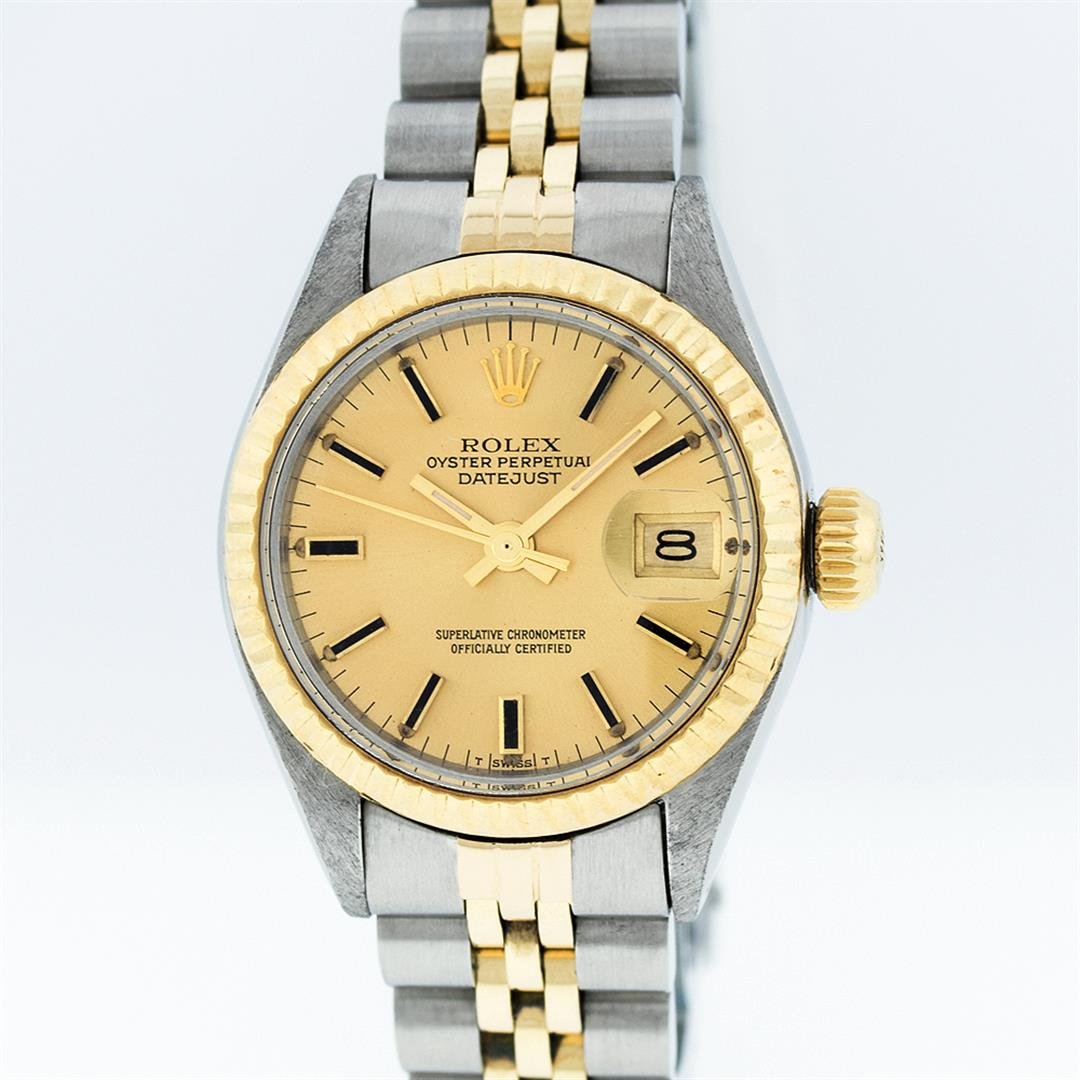 Rolex Two-Tone Champagne Index DateJust Ladies Watch: One Ladies Two Tone Rolex Datejust Polished, Serviced & Electronically Tested, 14K Yellow Gold & Stainless Steel Case:26mm, 14K Yellow Gold Crown, Bezel: 14K Yellow Gold Fluted Bezel. Custom Crystal: 
