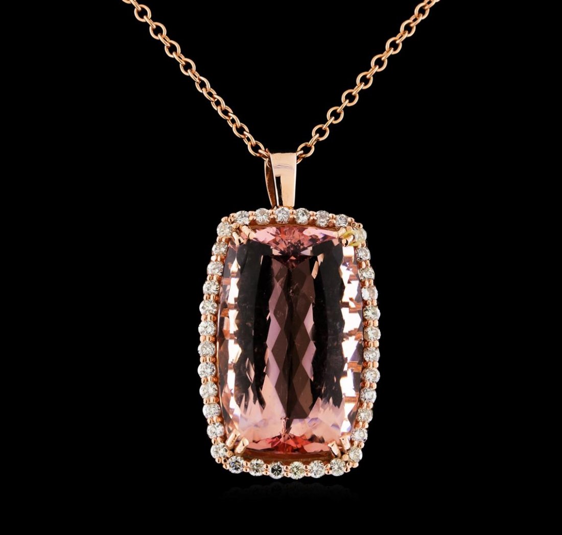 GIA Cert 47.80 ctw Morganite and Diamond Pendant With: One prong set cushion modified brilliant cut natural morganite, measuring 30.00 x 19.06 x 11.93mm, exact weight 47.80ct., clarity is slightly included, type I, cut is good. Transmitting light with no 