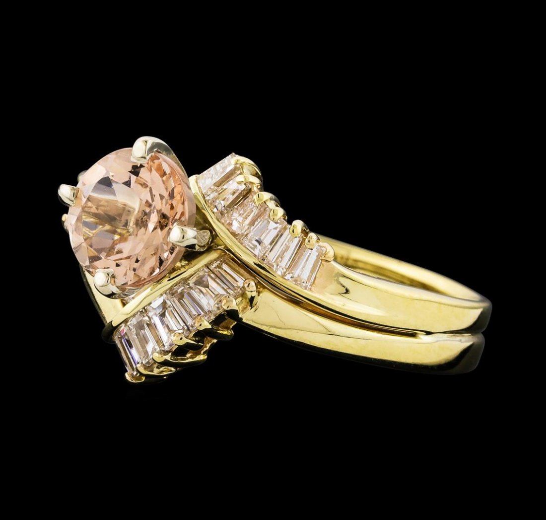 1.27 ctw Morganite and Diamond Ring - 14KT Yellow Gold: One Morganite and Diamond Ring featuring: 14KT Yellow Gold with a total weight of 5.00 grams, Morganite with a total weight of 1.27ct, and side diamonds with a total weight of 0.50ctw.