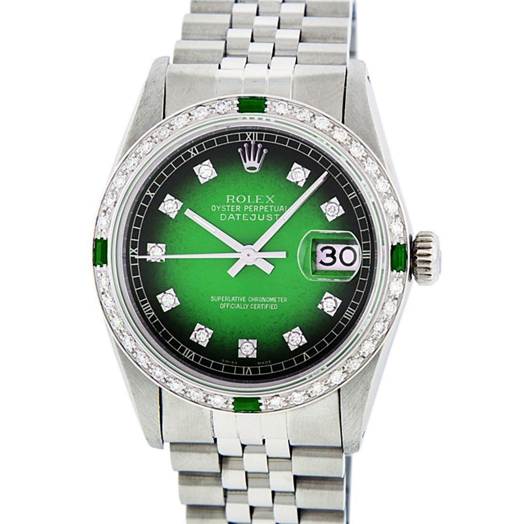 Rolex Stainless Steel Diamond and Emerald DateJust: One Mens Rolex Datejust Polished, Serviced & Electronically Tested, Stainless Steel Case:36mm, Stainless Steel Crown, Custom Bezel: 18K White Gold Emerald Beadset Diamond Bezel, Diamond + Gem Count: 3