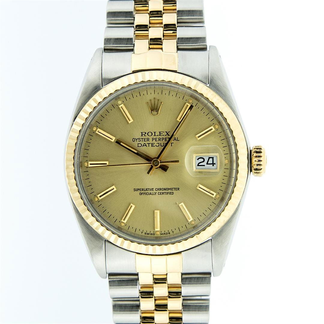 Rolex Two-Tone Champagne Index and Fluted Bezel: One Mens Two Tone Rolex Datejust Polished, Serviced & Electronically Tested, 14K Yellow Gold & Stainless Steel Case: 36mm,14K Yellow Gold Crown, Bezel: 14K Yellow Gold Fluted Bezel. Custom Crystal: Ac