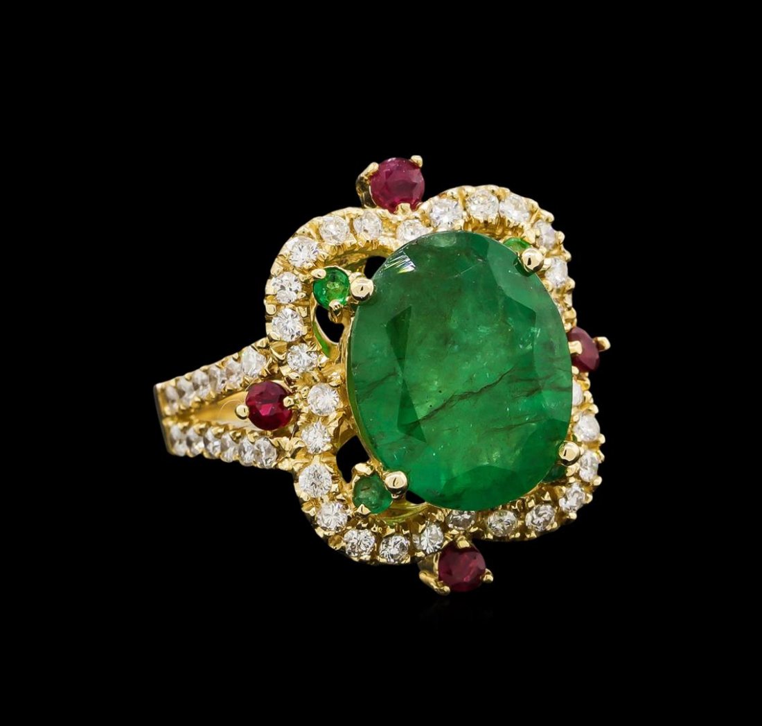 14KT Yellow Gold 6.04 ctw Emerald, Ruby and Diamond: One electronically tested 14KT yellow gold ladies cast emerald, ruby and diamond ring with a bright polish finish. Identified with markings of "14K". Condition is new. Containing: One prong set oval m