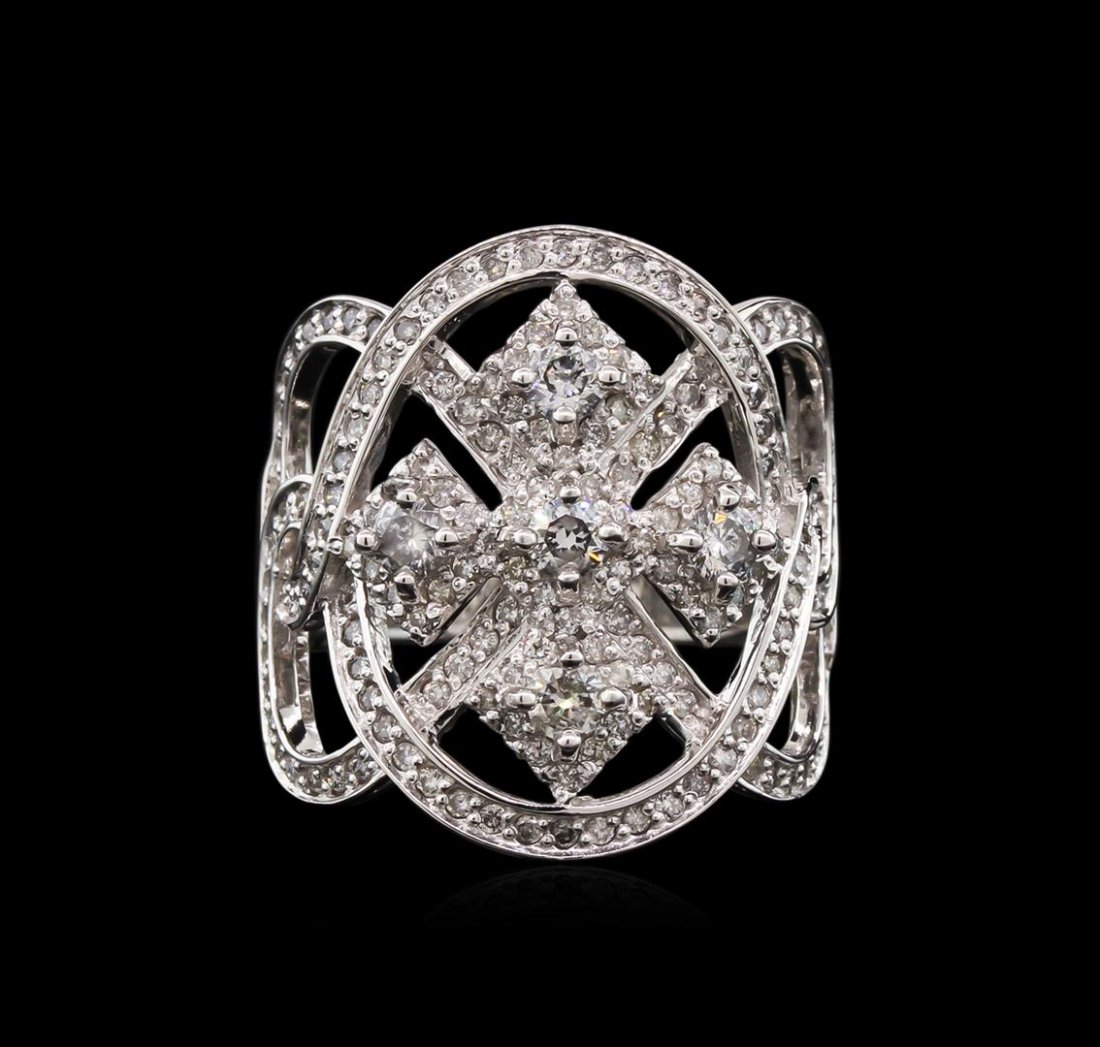 1.31 ctw Diamond Ring - 14KT White Gold: One electronically tested 14KT white gold lady's cast fashion ring with a bright polish finish. The featured lady's ring has a wide band byzantine motif and a shank measuring 4.60 millimeters wide. Id