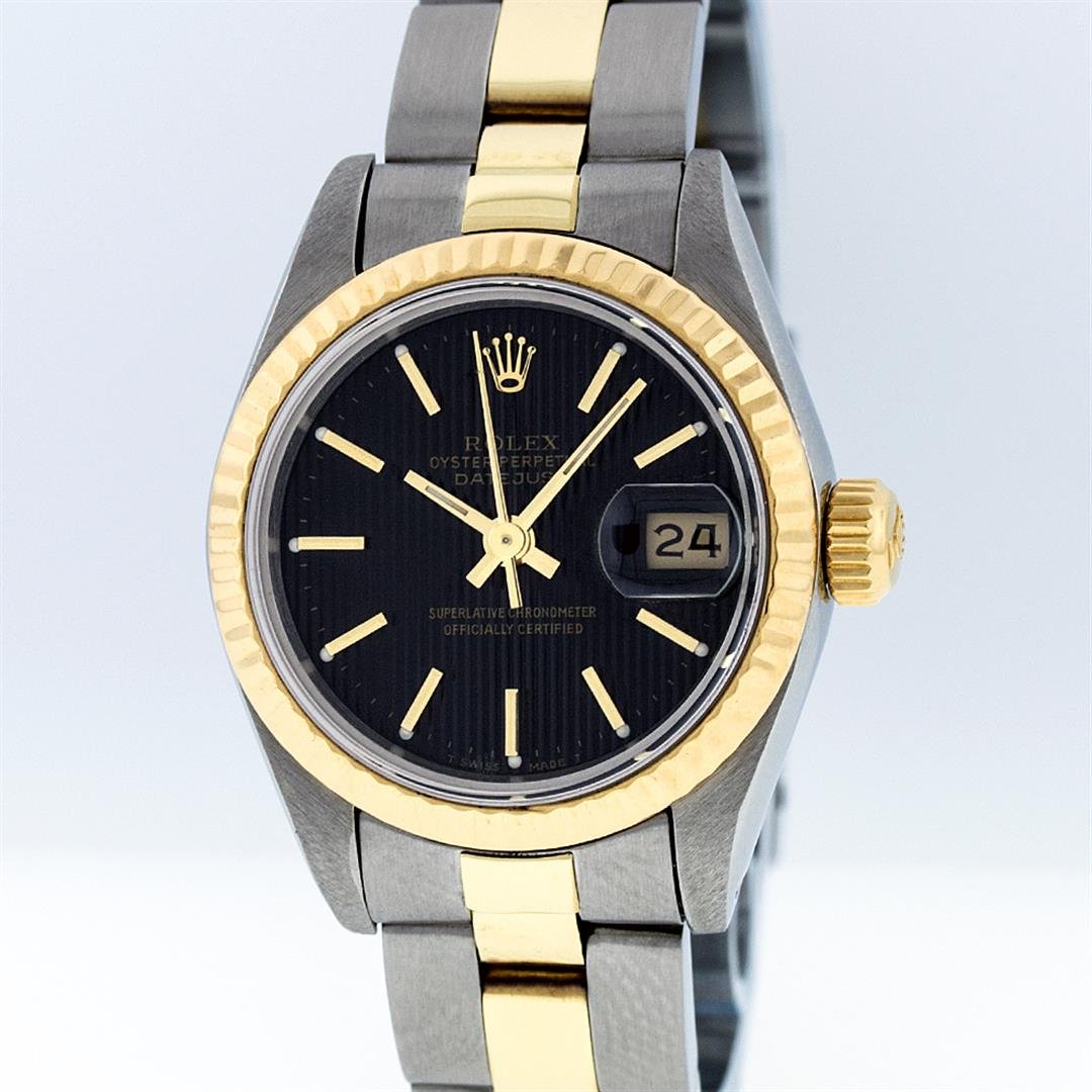 Rolex Two-Tone Black Tapestry Index Oyster Band: One Ladies Two Tone Rolex Datejust Polished, Serviced & Electronically Tested, 14K Yellow Gold & Stainless Steel Case:26mm, 14K Yellow Gold Crown, Bezel: 14K Yellow Gold Fluted Bezel. Custom Crystal: 
