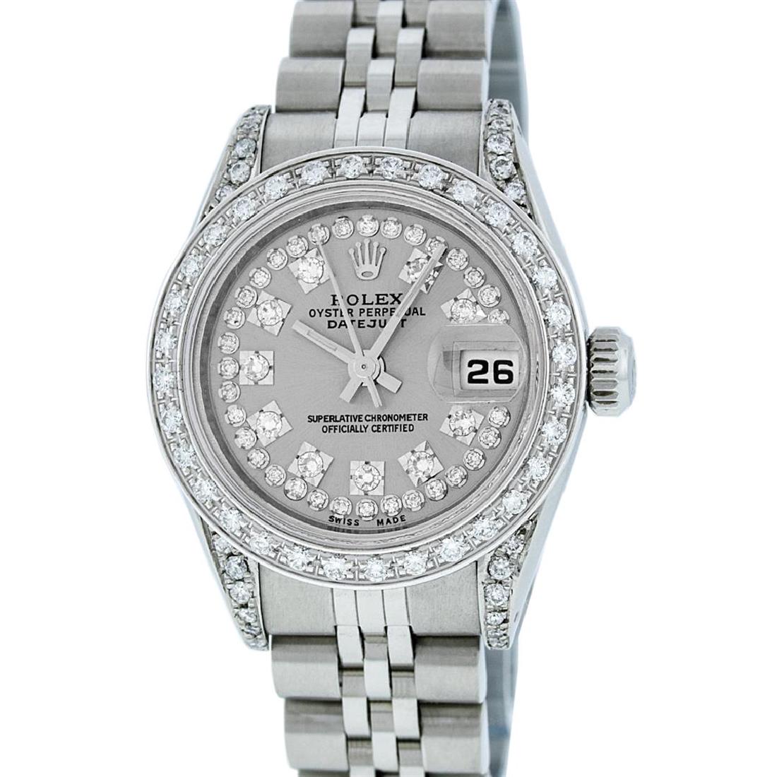 Rolex Stainless Steel Diamond DateJust Ladies Watch: One Ladies Rolex Datejust Polished Bright with Satin Finish, Serviced & Electronically Tested, Stainless Steel Case:26mm, Stainless Steel Crown, Diamond Lugs: 16 Diamonds On Lugs, Clarity: SI-VS, Colo
