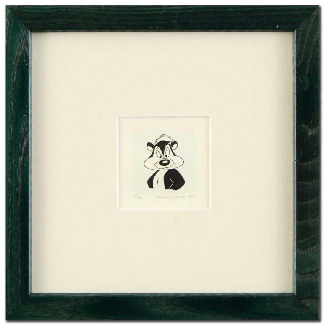 Pepe Le Pew by Warner Brothers: "Pepe Le Pew" is a limited edition etching on paper with hand-tinted coloring from Warner Bros. (dated 1999) and numbered! This piece is framed. Measures approx. 8.5" x 8.5" (with frame), 1.5" x 1.5" 