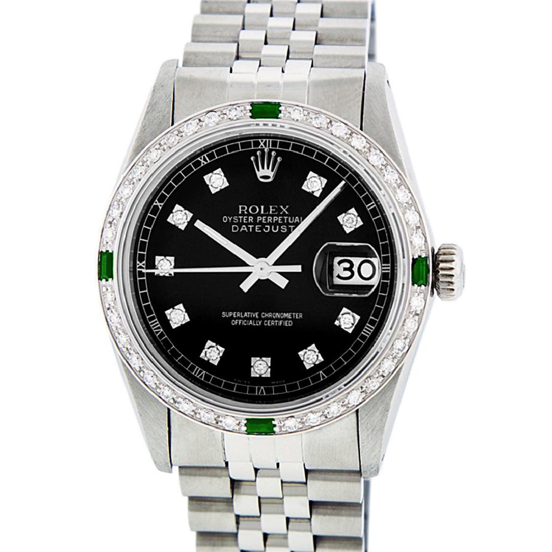 Rolex Stainless Steel 1.00 ctw Diamond and Emerald: One Gents Rolex Datejust Polished, Serviced & Electronically Tested, Stainless Steel Case:36mm, Stainless Steel Crown, Custom Bezel: 18K White Gold Emerald Beadset Diamond Bezel, Diamond + Gem Count: 