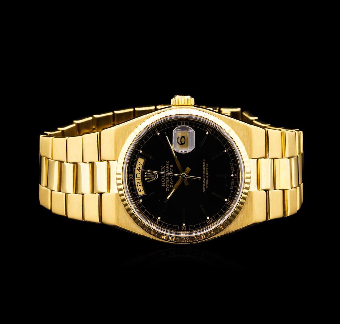 Rolex 18KT Gold OysterQuartz DayDate Men's Watch: One gents, hand crafted & machine milled Rolex Day-Date OysterQuartz wristwatch electronically tested 18KT yellow gold, Swiss Hallmarked Case: 36mm oyster quartz, Crown: twinlock with Rolex logo, Beze