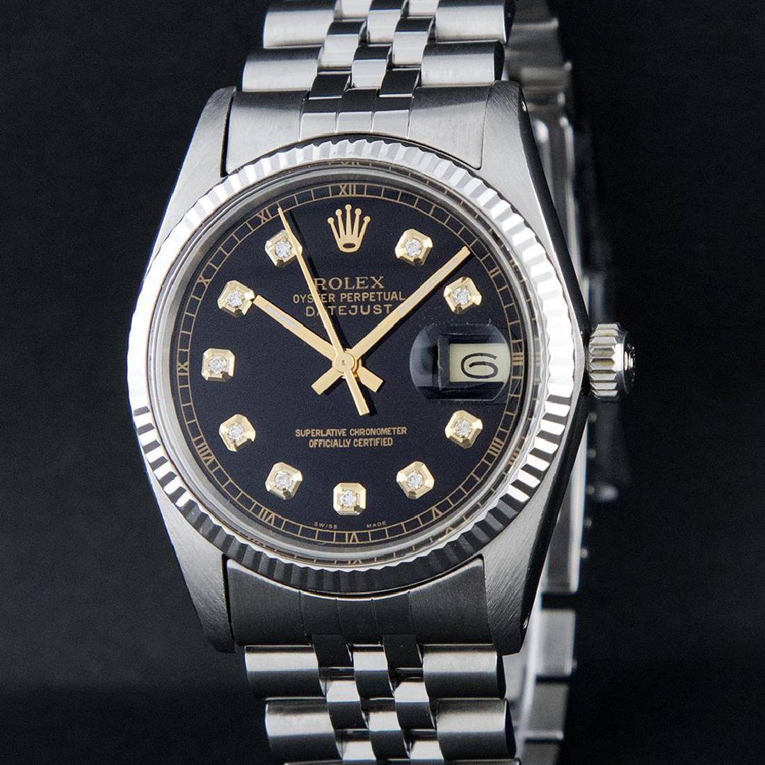 Rolex Stainless Steel Black Diamond DateJust Men's: One Gents Rolex Datejust Polished, Serviced & Electronically Tested, Stainless Steel Case:36mm, Stainless Steel Crown, Original Bezel: 18K White Gold Fluted Bezel. Custom Crystal: Acrylic Cyclops Lens