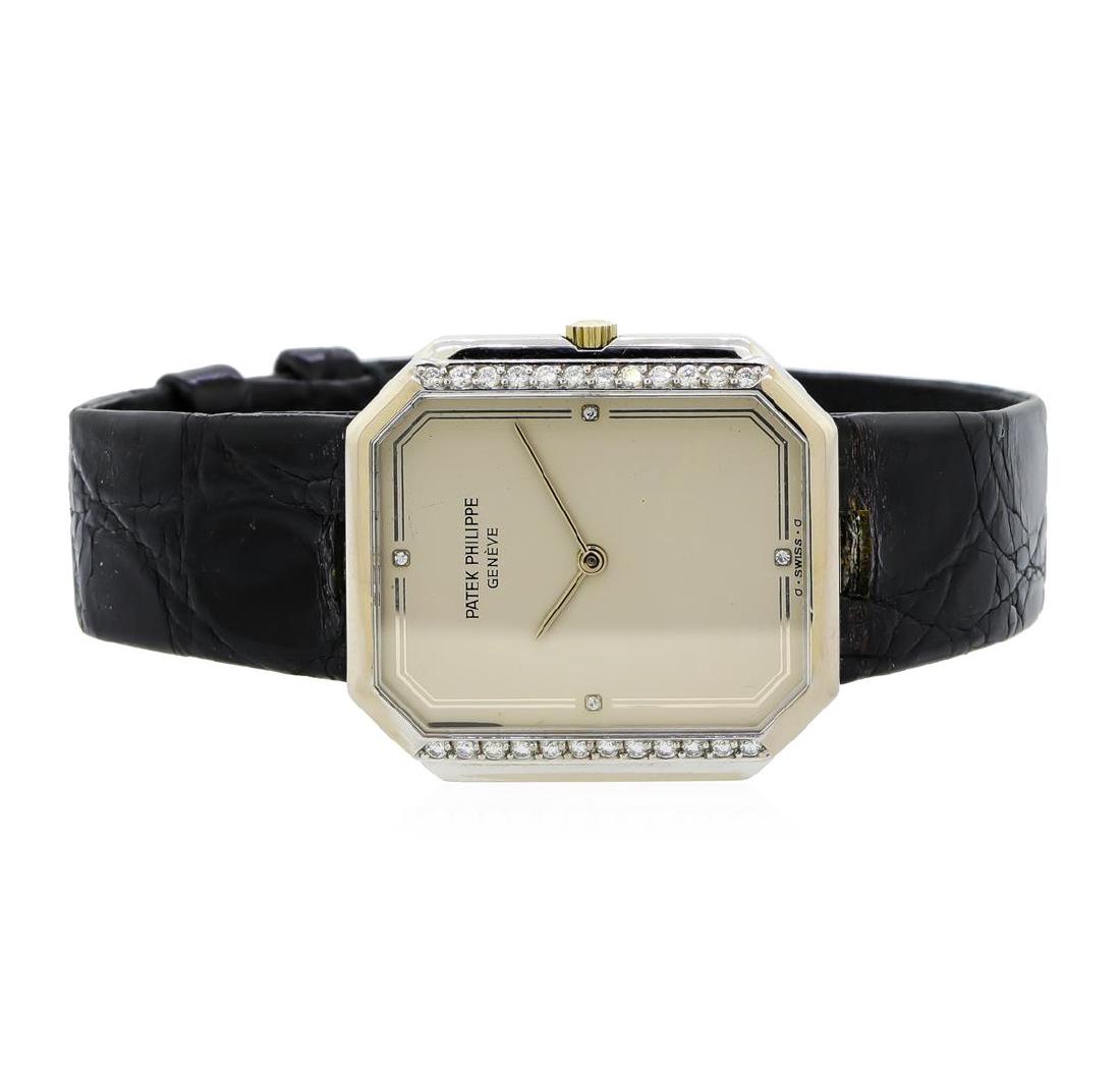 Patek Philippe 18KT White Gold Diamond Men's Watch: One gents, vintage Patek Philippe wristwatch electronically tested 18KT White gold, Case: 34 x 30mm, Swiss Hallmarked Case Back, space available for engraving, Crown: scalloped with Patek Philippe log