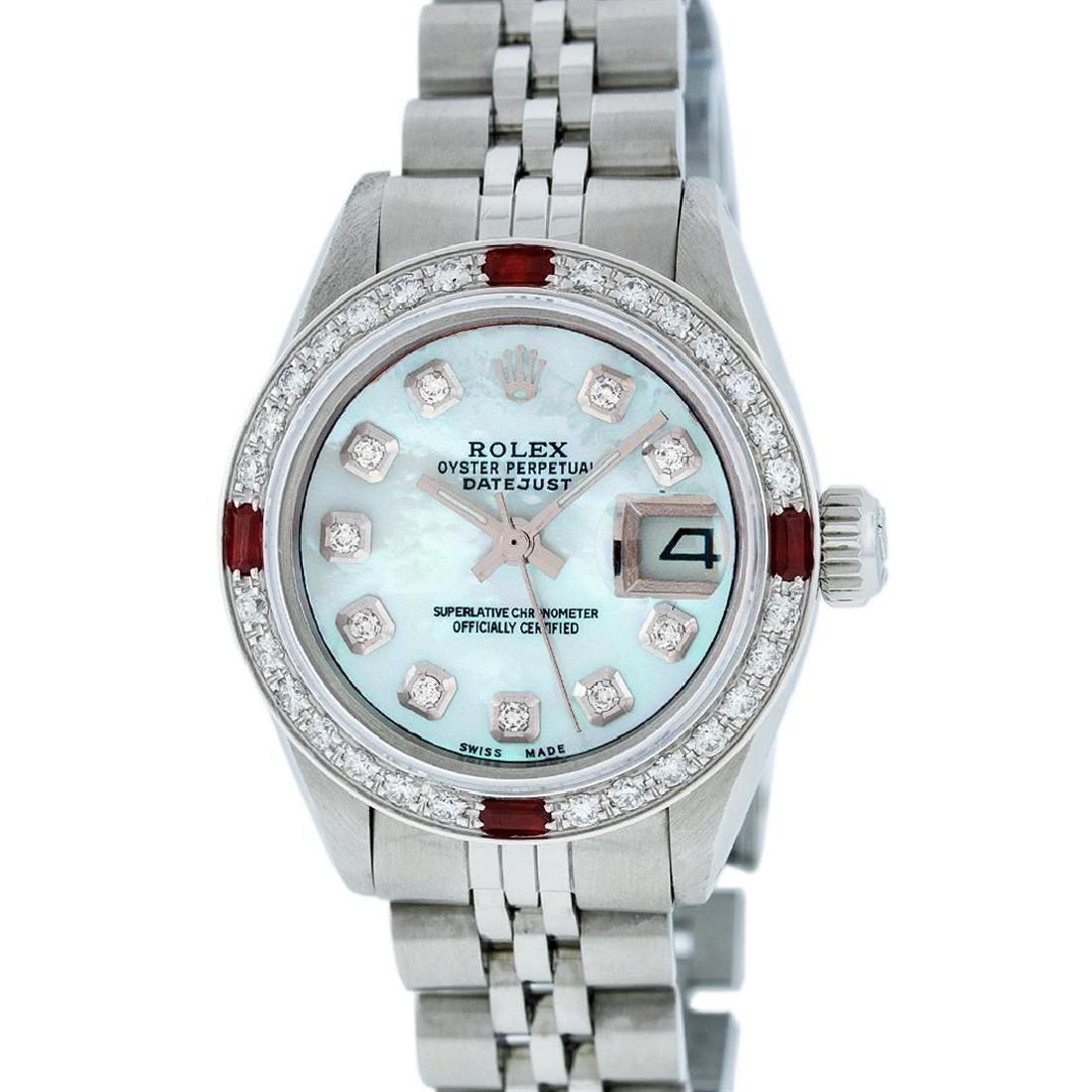 Rolex Stainless Steel Blue MOP Diamond and Ruby: Ladies Rolex Datejust Polished Bright with Satin Finish, Serviced & Electronically Tested, Stainless Steel Case:26mm, Stainless Steel Crown, Custom Bezel: 18K White Gold Ruby Beadset Diamond Bezel, Di