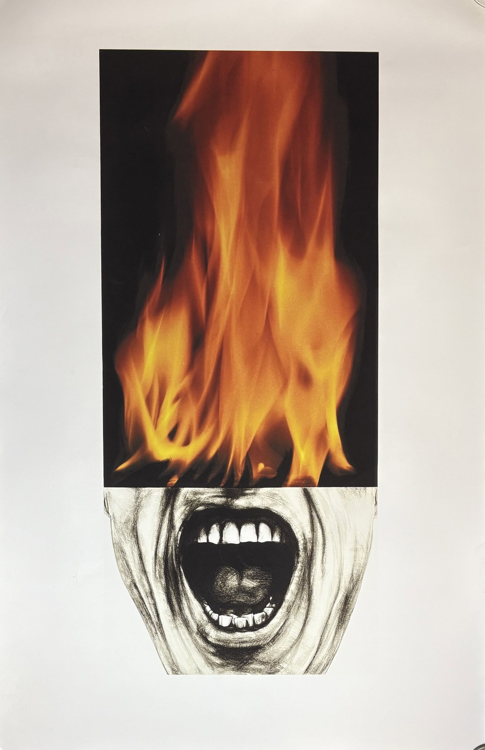 ROBERT LONGO 'ARENA BRAINS' PRINT IN COLOR: Robert Longo 'Arena Brains' Print in Color depicting a man with his scalp enflamed. Sheet measures at 29x44.5 inches. Printed Later.