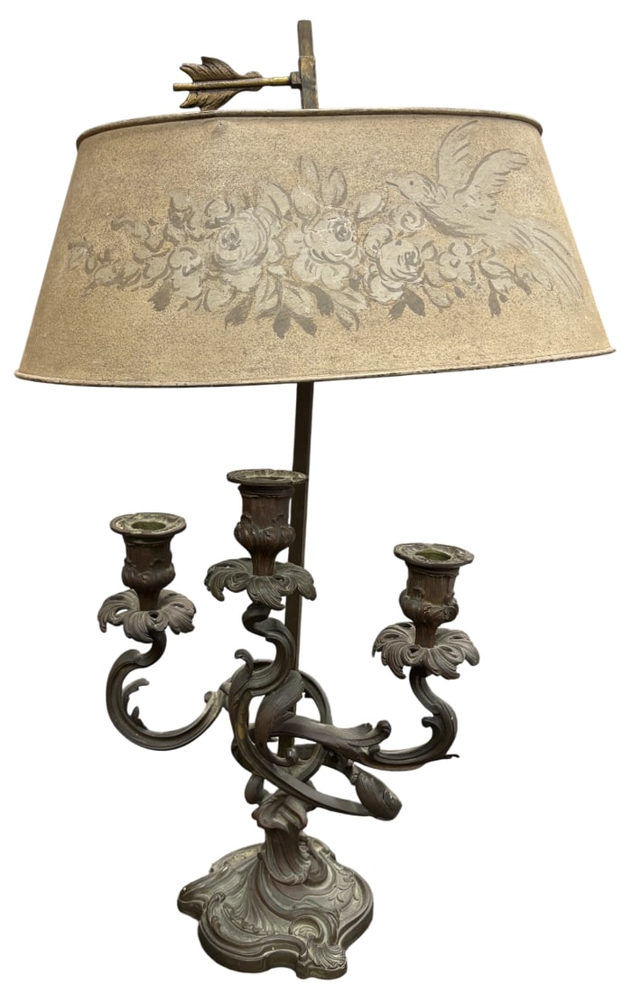 BRONZE CANDELABRA: Bronze Candelabra lamp depicting sprouting flowers. Measures at 15x10x29 inches