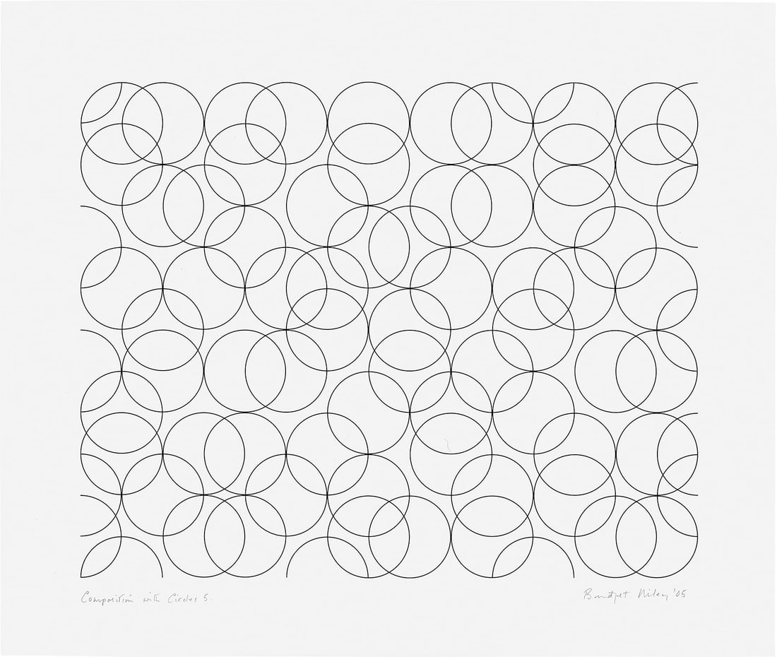 BRIDGET RILEY COMPOSITION WITH CIRCLES PRINT: Bridget Riley Composition with Circles Print measuring at 25x29.75 inches. Plate signed in the margin. Printed later.