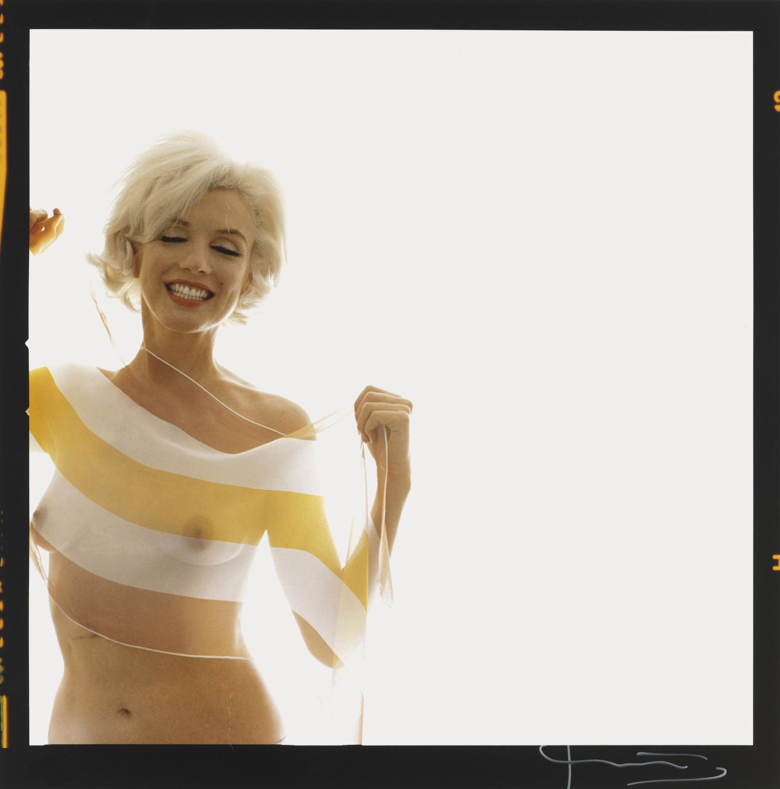 MARILYN MONROE IN STRIPED SCARF PRINT: Marilyn Monroe in Striped Scarf Photographic Print measuring at 36x36 inches. Printed later.