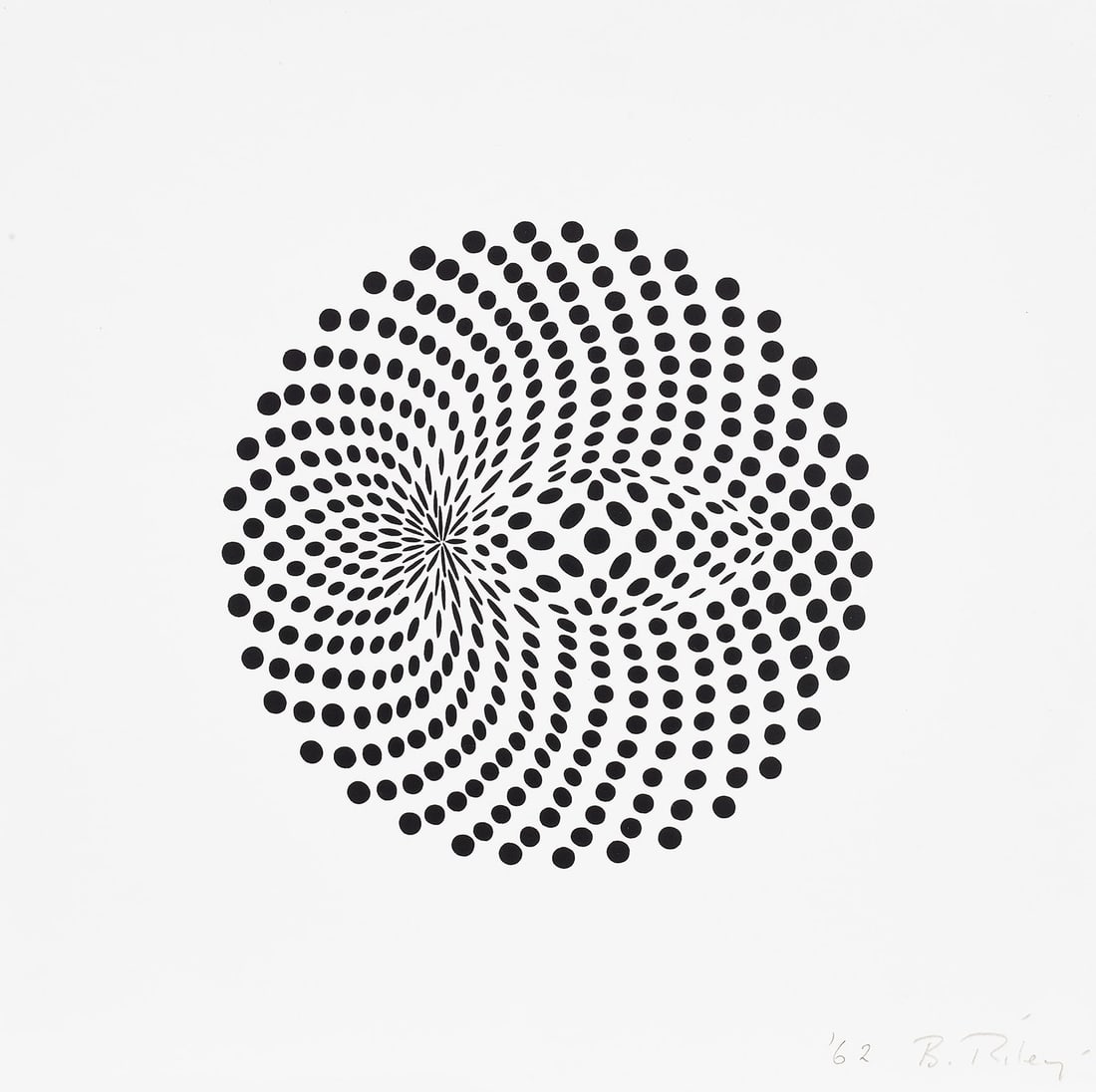 BRIDGET RILEY UNTITLED PRINT: Bridget Riley untitled print mounted to conservation board measuring at 10.5x10.75 inches. Plate signed. Printed later.