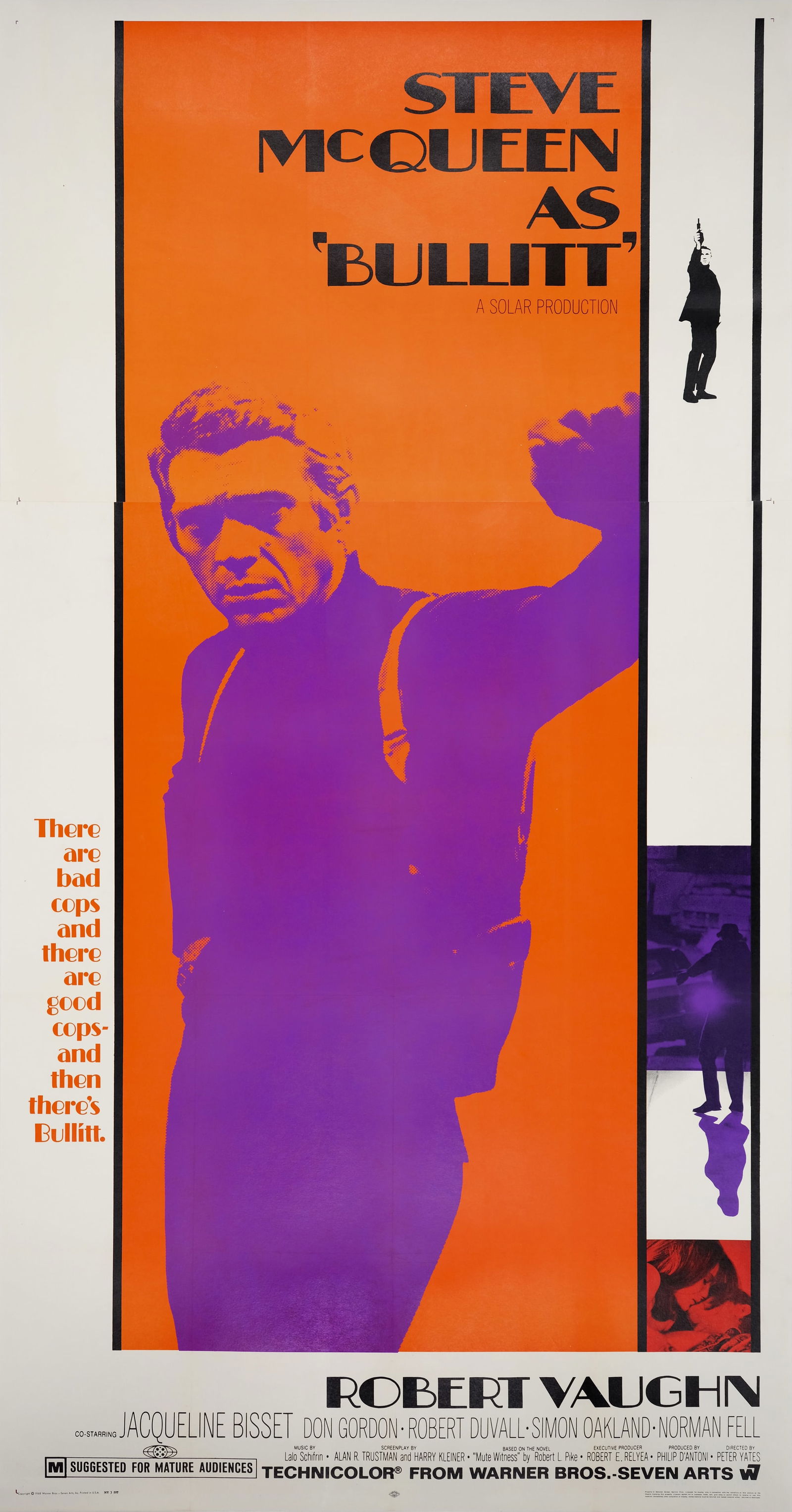 BULLITT STEVE MCQUEEN POSTER: Bullitt Steve Mcqueen Poster mounted to same size linen measuring at 42x79 inches. Printed later.