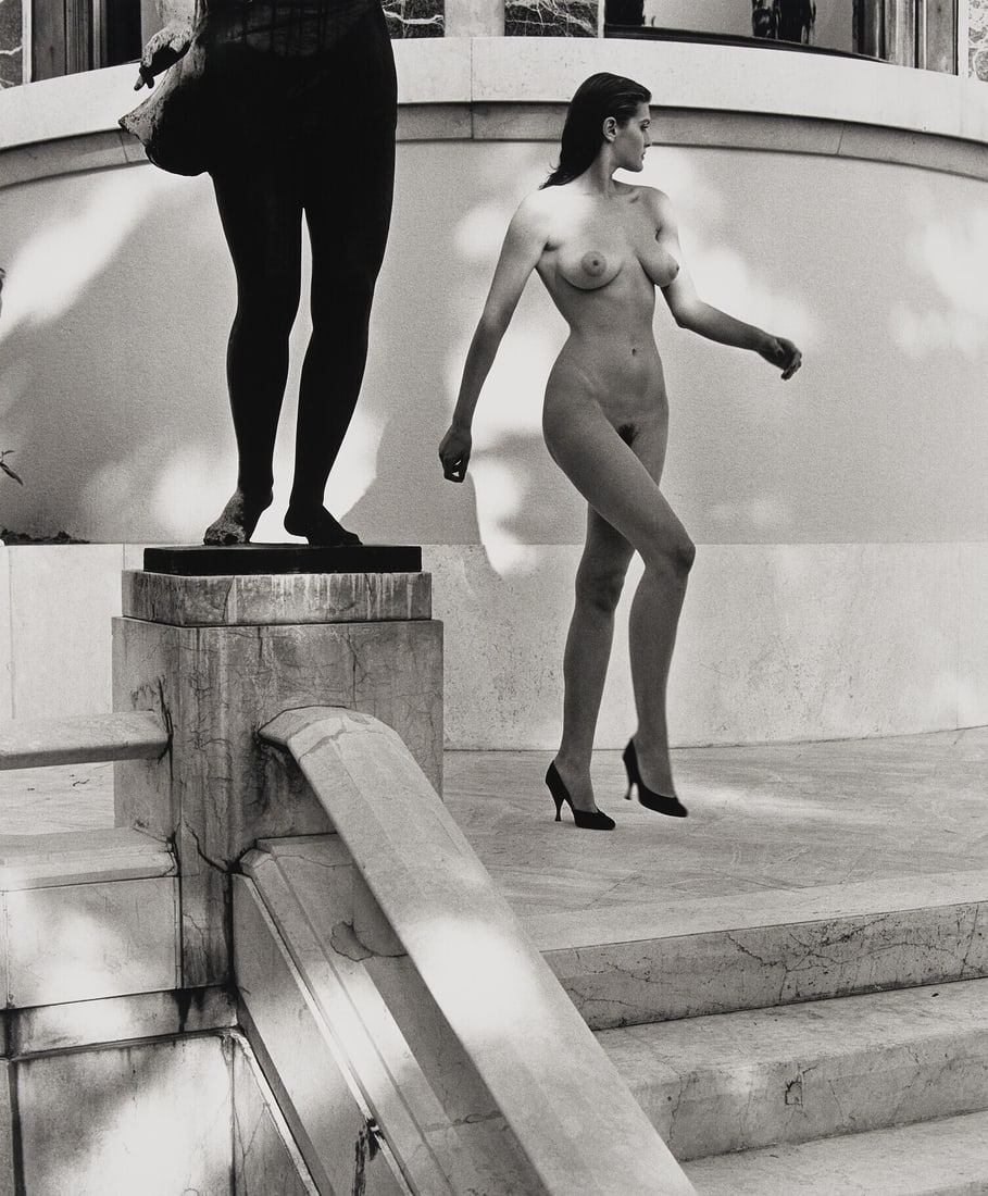 HELMUT NEWTON BRESCIA NAKED PRINT: Helmut Newton Brescia Naked Print mounted to gatorboard measuring at 19x23 inches. Printed later.