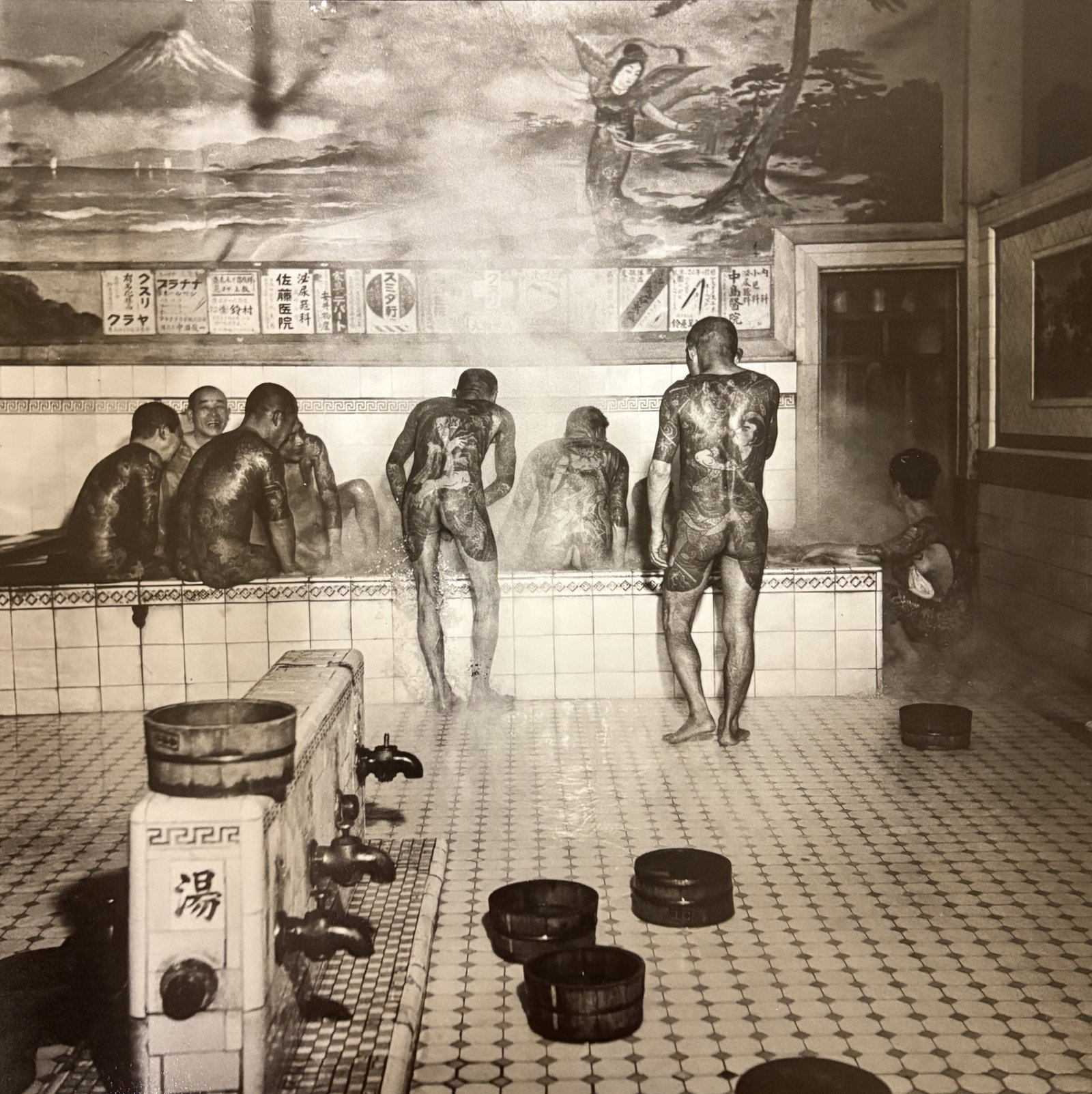 HORACE BRISTOL SHOWERING MEN PRINT: Horacae Bristol Showering Men Print mounted to board measuring at 14x14 inches. Printed later.
