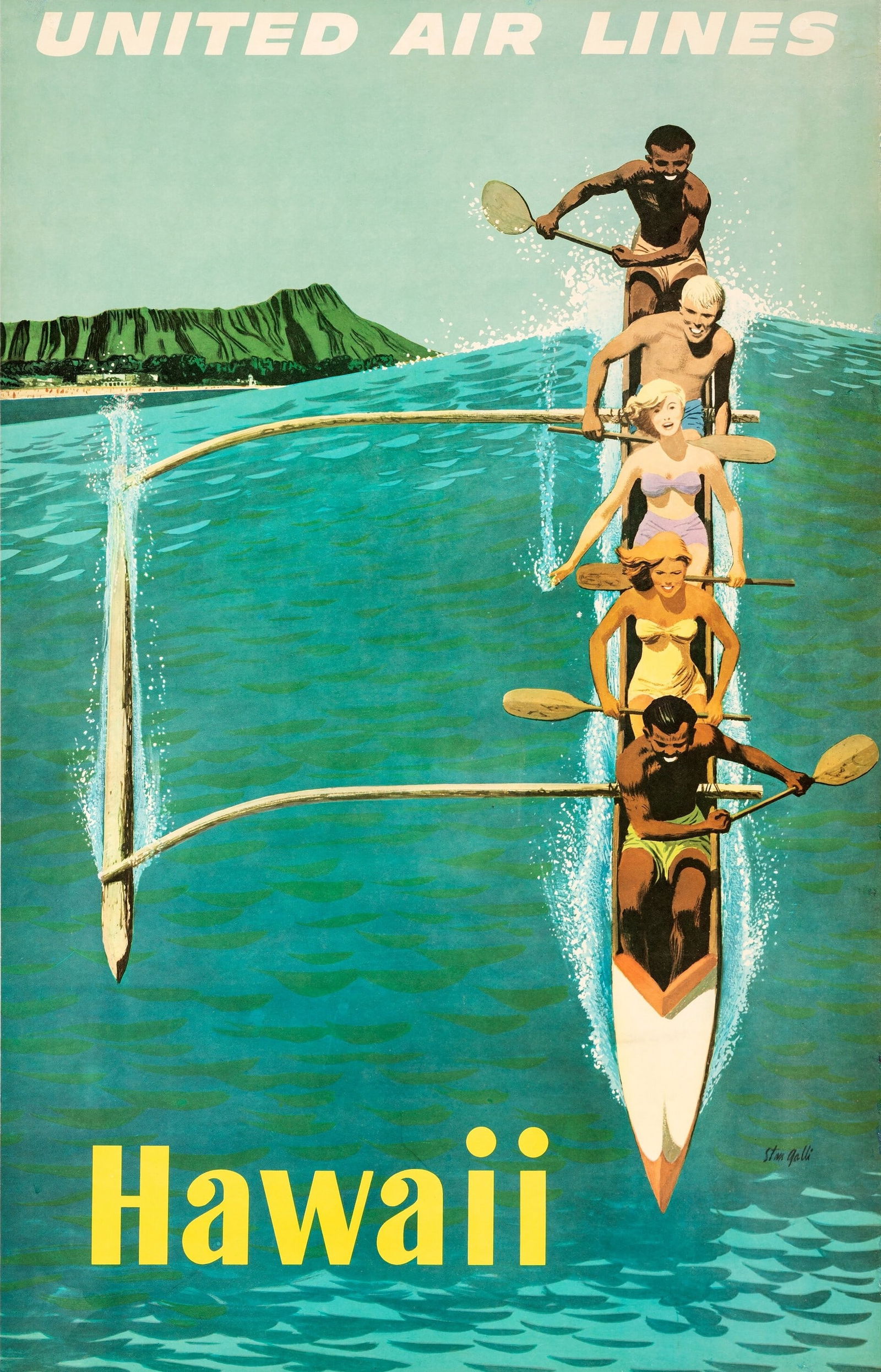 HAWAII UNITED AIRLINES TRAVEL POSTER: Hawaii United Airlines Travel Poster mounted to same size linen measuring at 25x40 inches. Printed later.