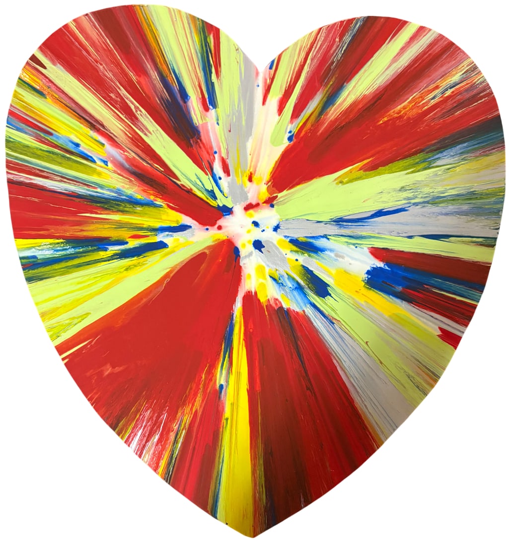 DAMIEN HIRST HEART PAINTING: Damien Hirst Heart Painting measuring at 20x22 inches. Signed on the rear and blind stamped in the corner.